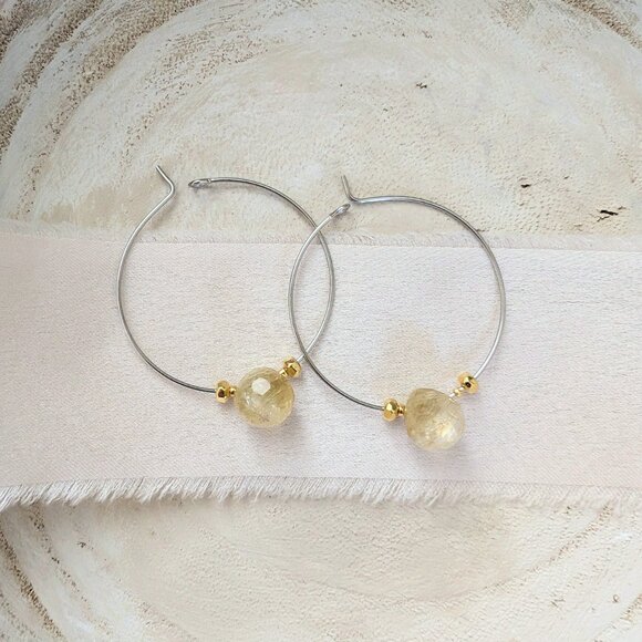 Faceted Citrine Teardrop Beaded Steel and Gold Handmade Hoop Earrings - Picture 1 of 6